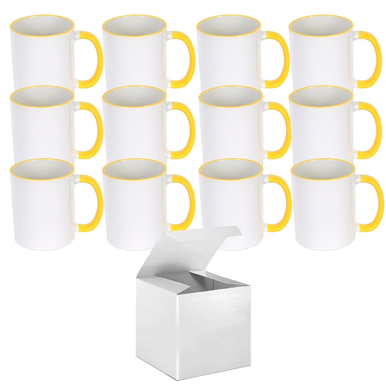 12 Pcs 11OZ Yellow Rim & Handle Sublimation Mugs With Individual White Boxes